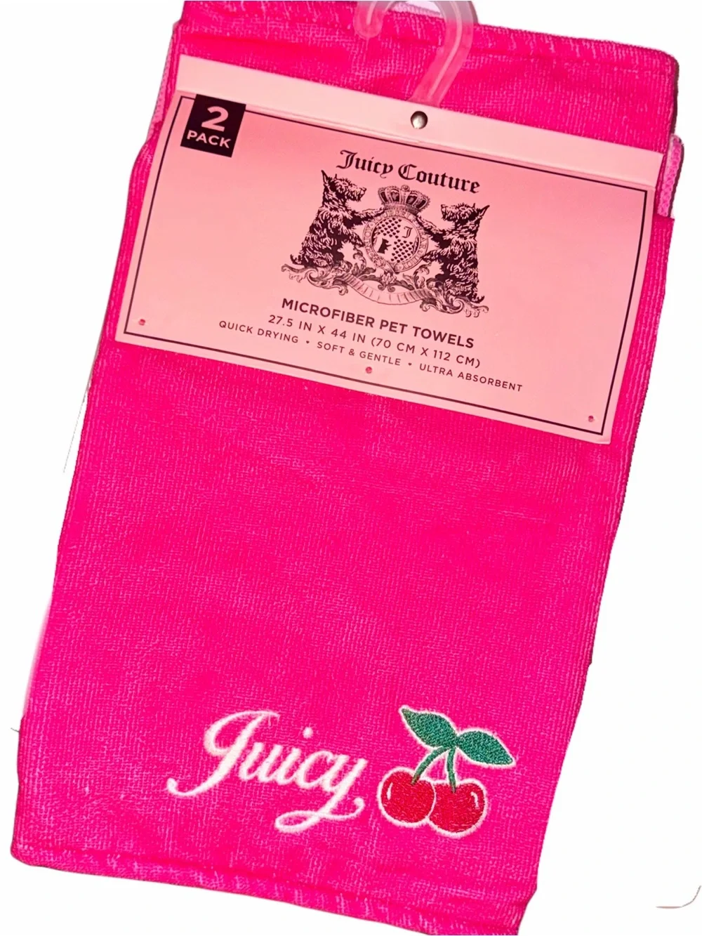 Juicy Couture 2 Pack Pink Cherry Print Microfiber Dog Cat Pet Towels